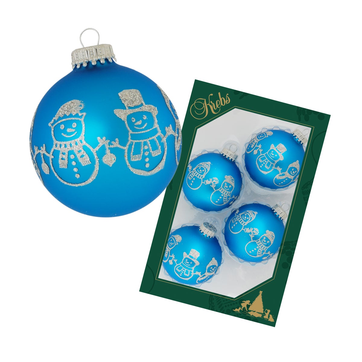 Lichtblauwe glanzende glazen bal van 7 cm met zilveren glitterlintdecoratie sneeuwpop, 4 stuks, kerstballen, kerstversieringen, kerstversieringen voor in de kerstboom