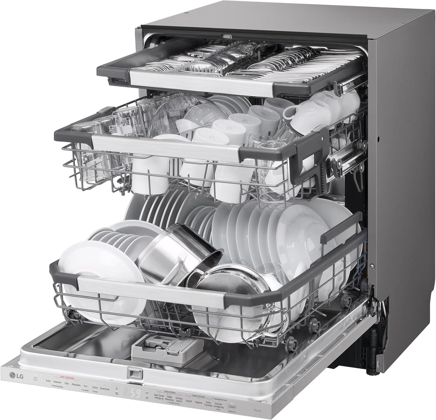 LG DB597TXS, Energieklasse A -20%, vollintegrierbarer Geschirrspüler, Spülmaschine mit Besteckschublade, automatische Türöffnung bei Trocknung, Dampfreinigung, besonders leise, Silber