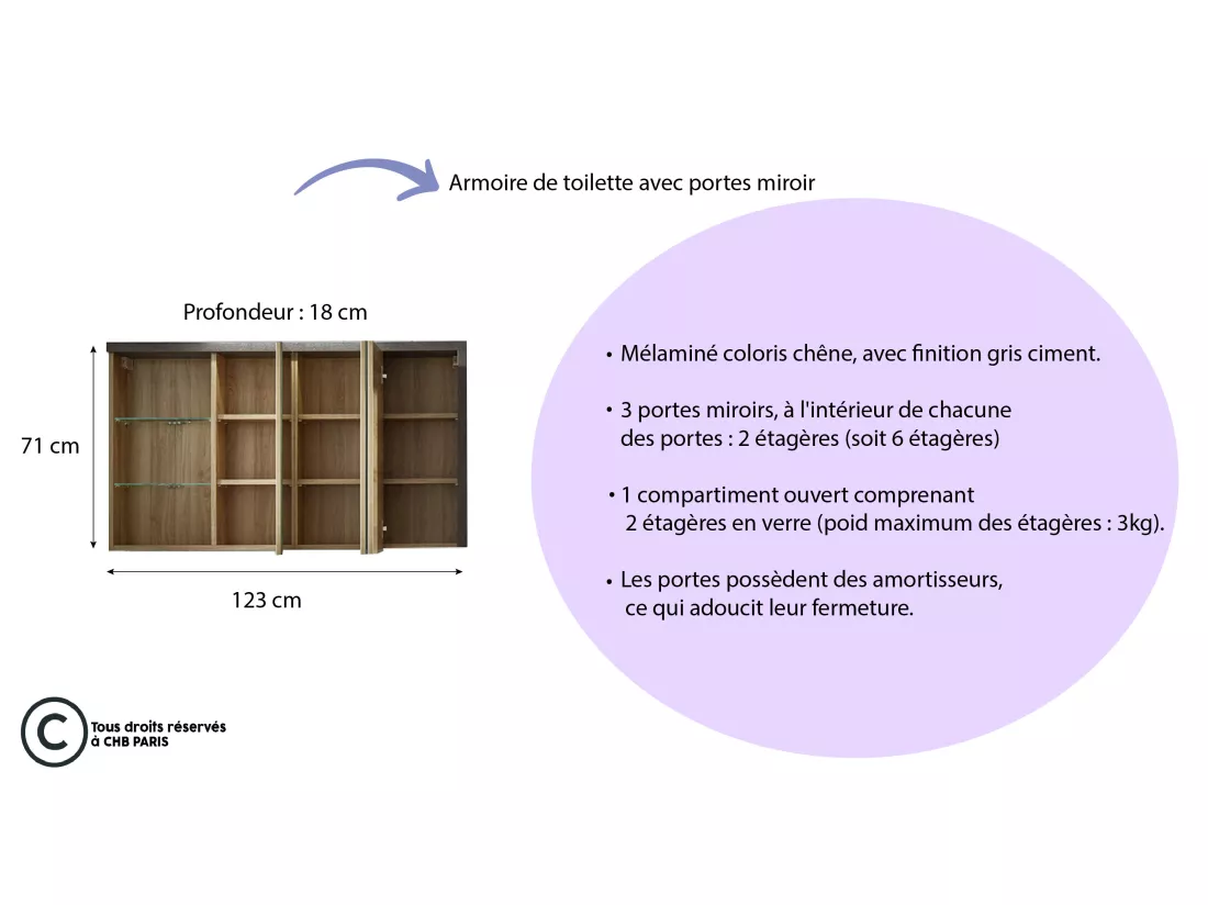 Meuble salle de bain mélaminé. Armoire de toilette avec miroir. L - H - P : 123 - 71 - 18 cm