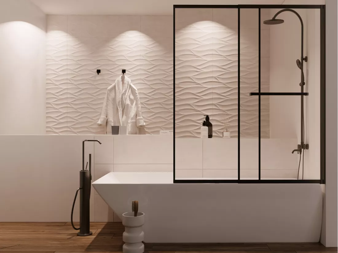 Pare baignoire coulissant noir mat avec porte serviette - 120x140 cm - WAIMEA