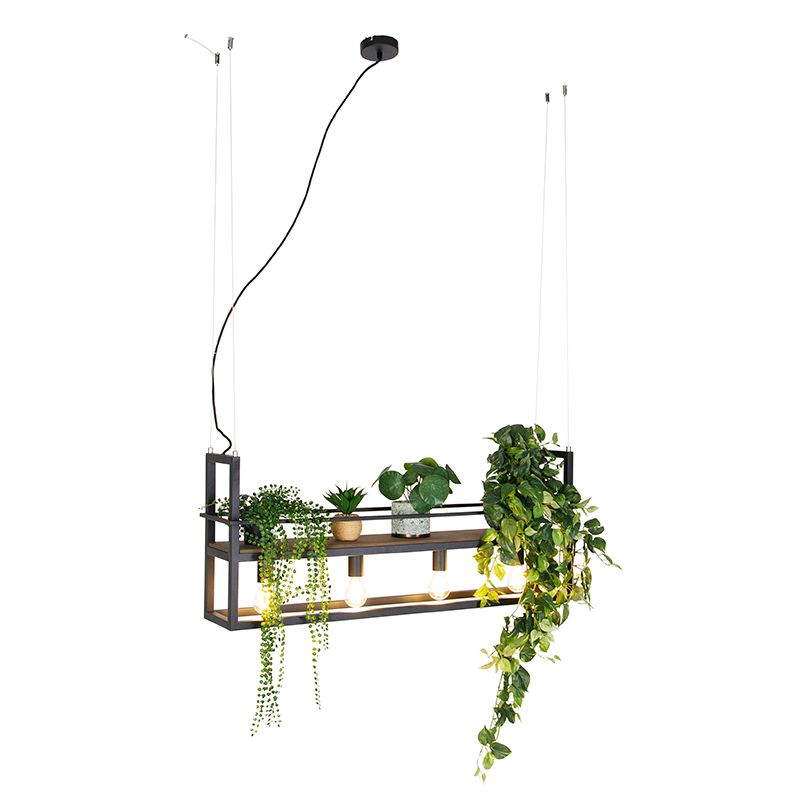 Smart hanglamp zwart met hout en rek 4-lichts incl. Wifi A60 - Cage Rack