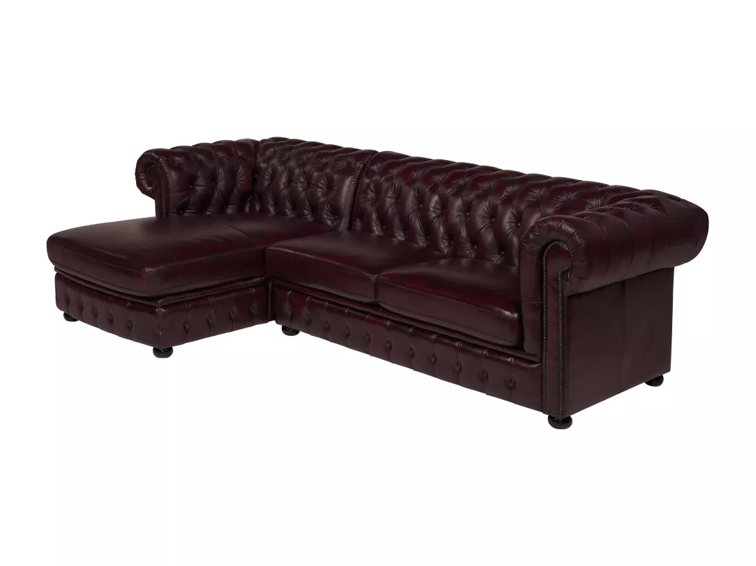 Canapé d'angle chesterfield BRENTON 100% cuir de buffle - Marron reflets châtains - Angle gauche