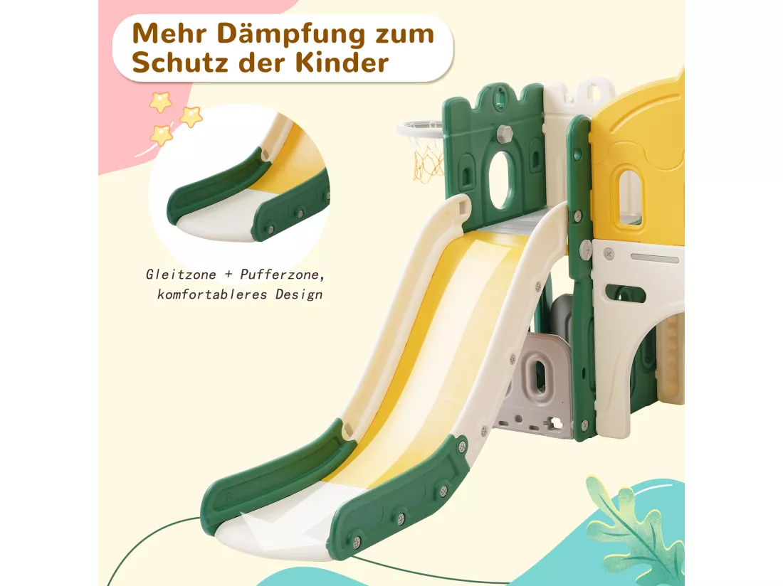 Toboggan enfant 5 en 1 pour Extérieur ou Intérieur avec Échelle, Panier de Basket, Stokage, Jeu de Forage, Allée d'amusement, Vert