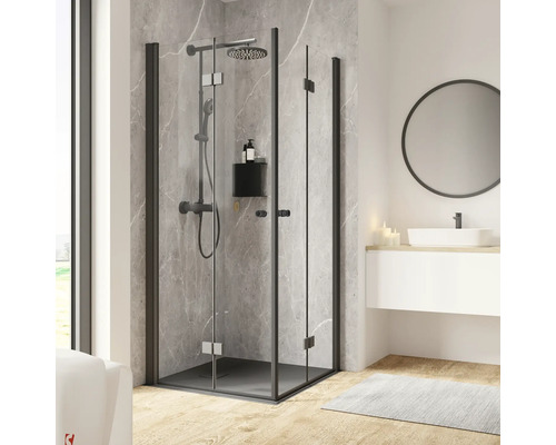 Hoekinstapdeur met draai-vouwdeur SCHULTE Garant 2.0 ExpressPlus 80 x 80 cm, zwart profiel, helder glas met vuilafstotende coating, deurscharnier links, deurscharnier rechts, buffergreep