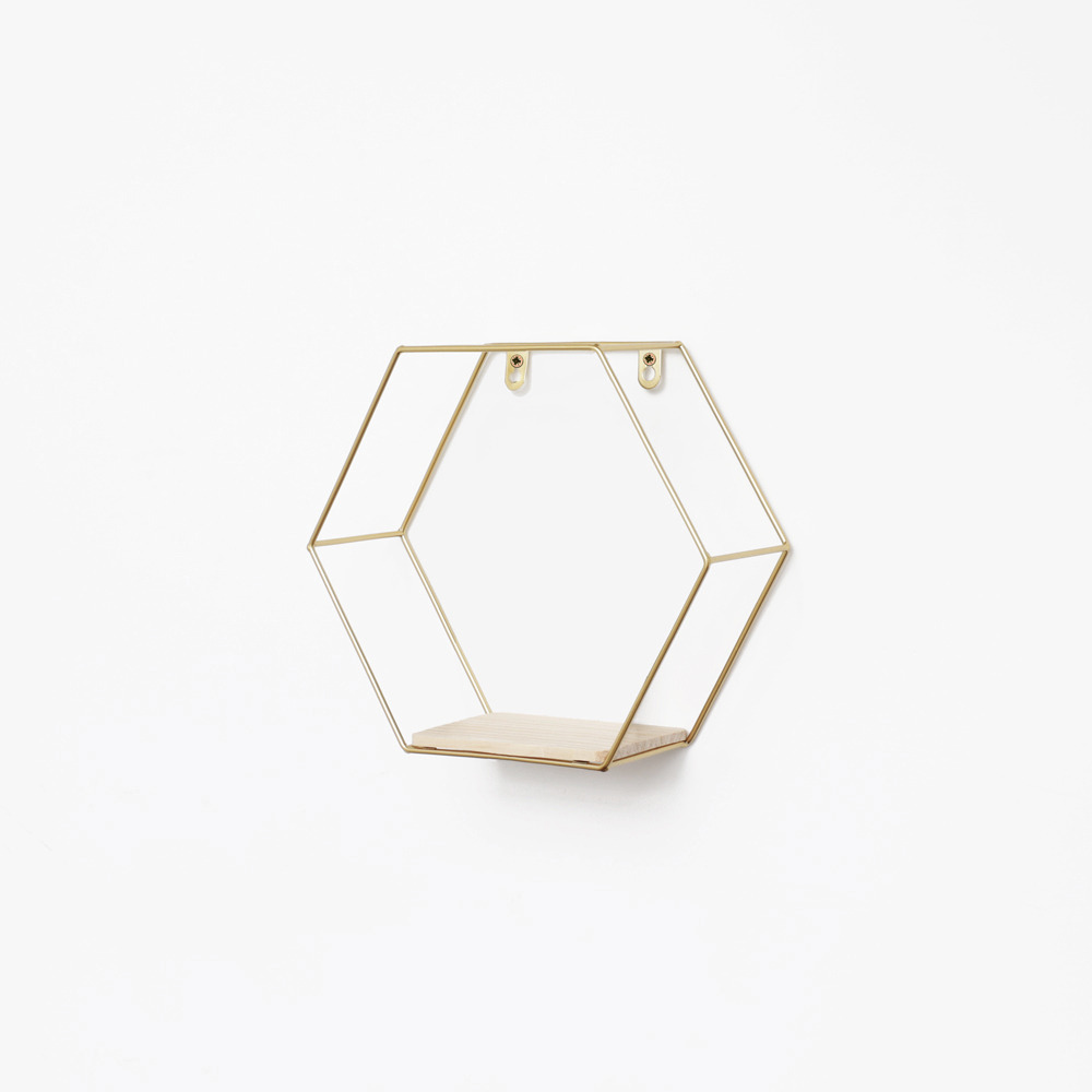 Etagère murale hexagonale en métal - 25x28,5 cm - or