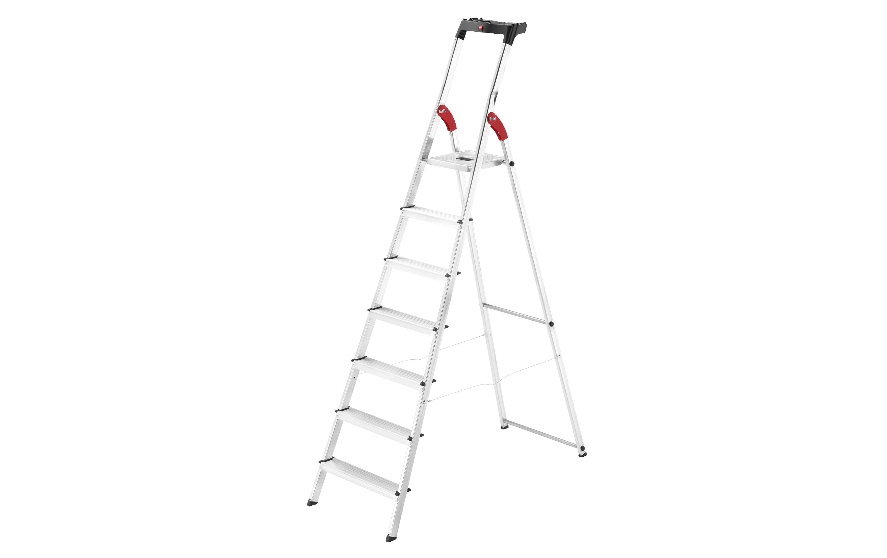 Bockleiter L60, Alu, mit Arbeitsschale 7 Stufen<br>Alu Haushaltsleiter L60 7 Stufen mit Arbeitsschale