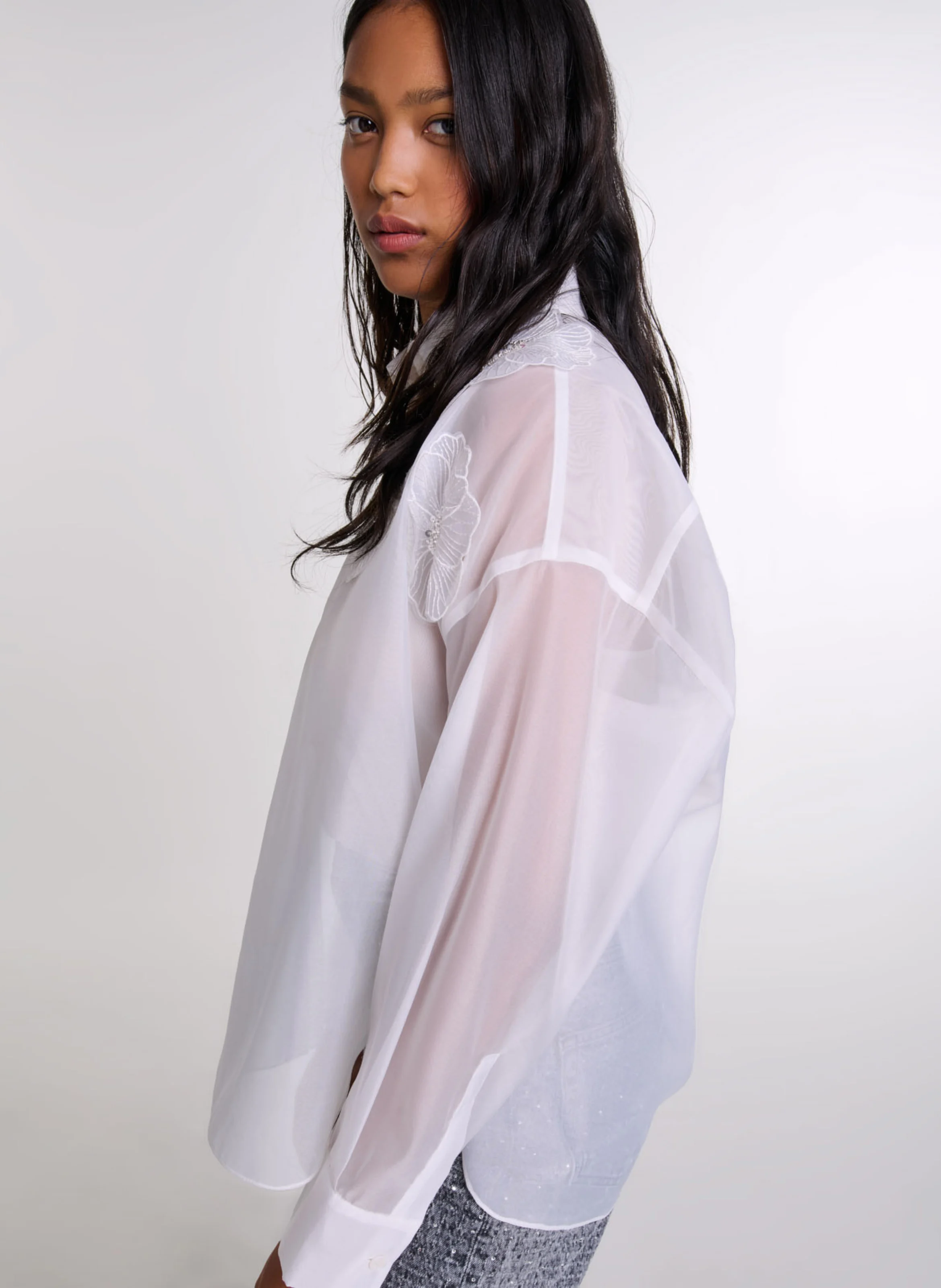 Chemise col classique droite en organza | Blanc