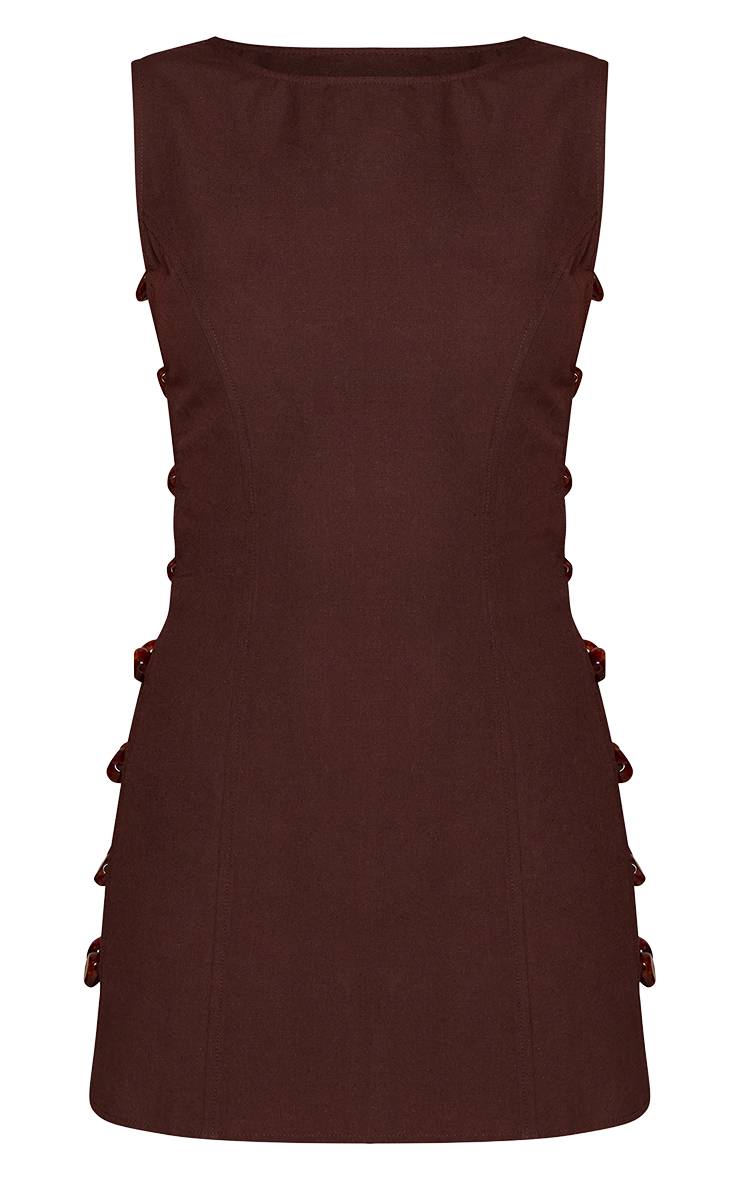 Marron Robe Moulante Chocolat Aspect Lin Détails Perlés Sur Les Côtés