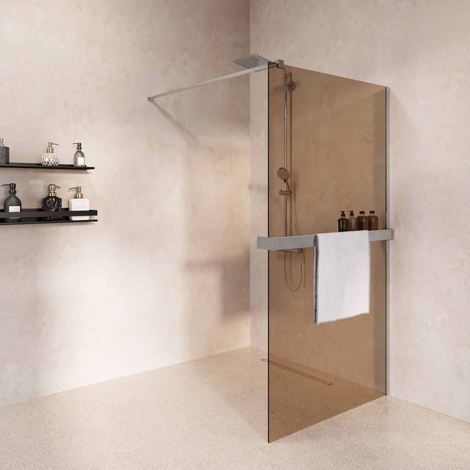 Saniclear Metric inloopdouche 90cm met handdoekhouder en bronsglas chroom