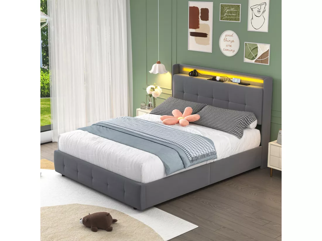 Lit double rembourré 160x200 cm Lit adulte avec lit gigogne éclairage LED 2 tiroirs ports USB et sommier à lattes - gris