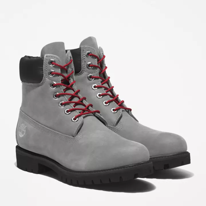 Bota Timberland Premium Masculina de 6 polegadas em Cinza/Vermelho