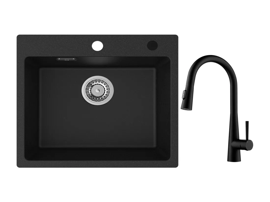 Cecipa max Evier Quartz Noir 50x45cm Evier 1 Bac en Quartz et Résine + Mitigeur de Cuisine avec Douchette Extractible, 3 Modes de Sortie D'eau, Noir