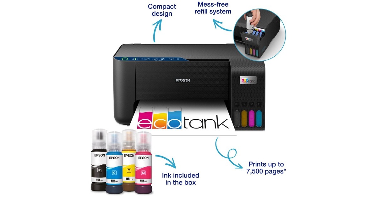 EpsonEcoTank ET-2865 A4 multifunctionele Wi-Fi-printer met inkttank all-in-one inkjetprinter  (Zwart, Scannen, Kopiëren, Wi-Fi, inclusief tot 3 jaar inkt)