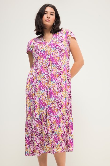 Midikleid, A-Line, Colorprint, Rundhals, Cup-Ärmel