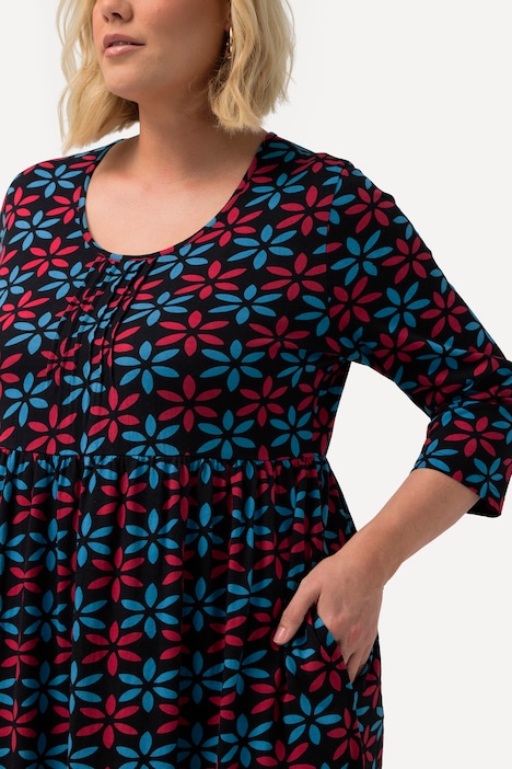 Jerseykleid, Blüten, A-Linie, Rundhals, 3/4-Arm