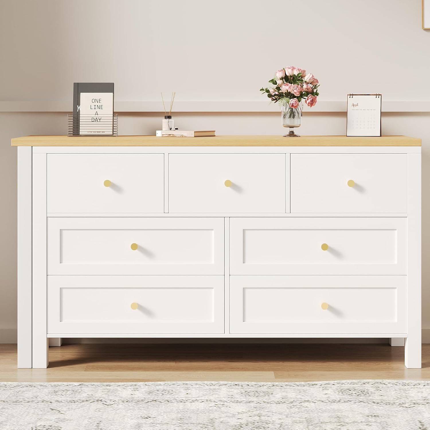 Merax Schreibtisch mit 7 Schubladen, 2-in-1 Sideboard und Arbeitsplatz, 360° drehbar, L-förmiger Eckschreibtisch oder Frisiertisch, Viel Stauraum & modernes Design, einfache Montage, Weiß & Holzfarbe