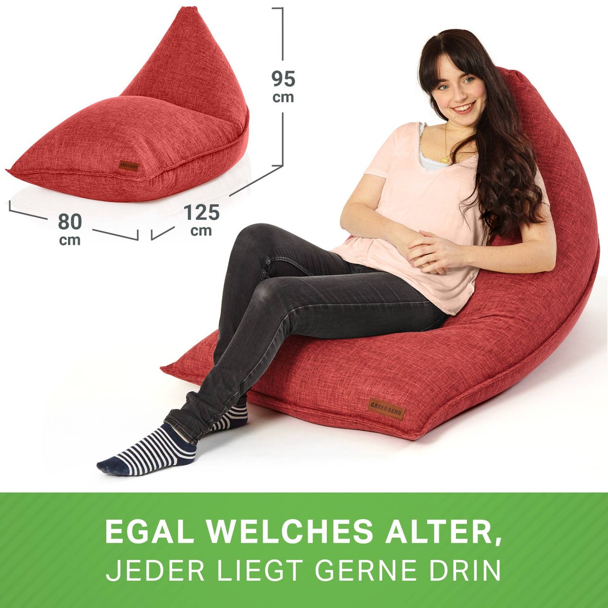 Green Bean Triangle Zitzak 150x100x100cm met 220 liter EPS-korrelvulling - Knuffelzacht en wasbaar - Binnenkussen van stof voor op de vloer, ligstoel, zitkussen - Rood