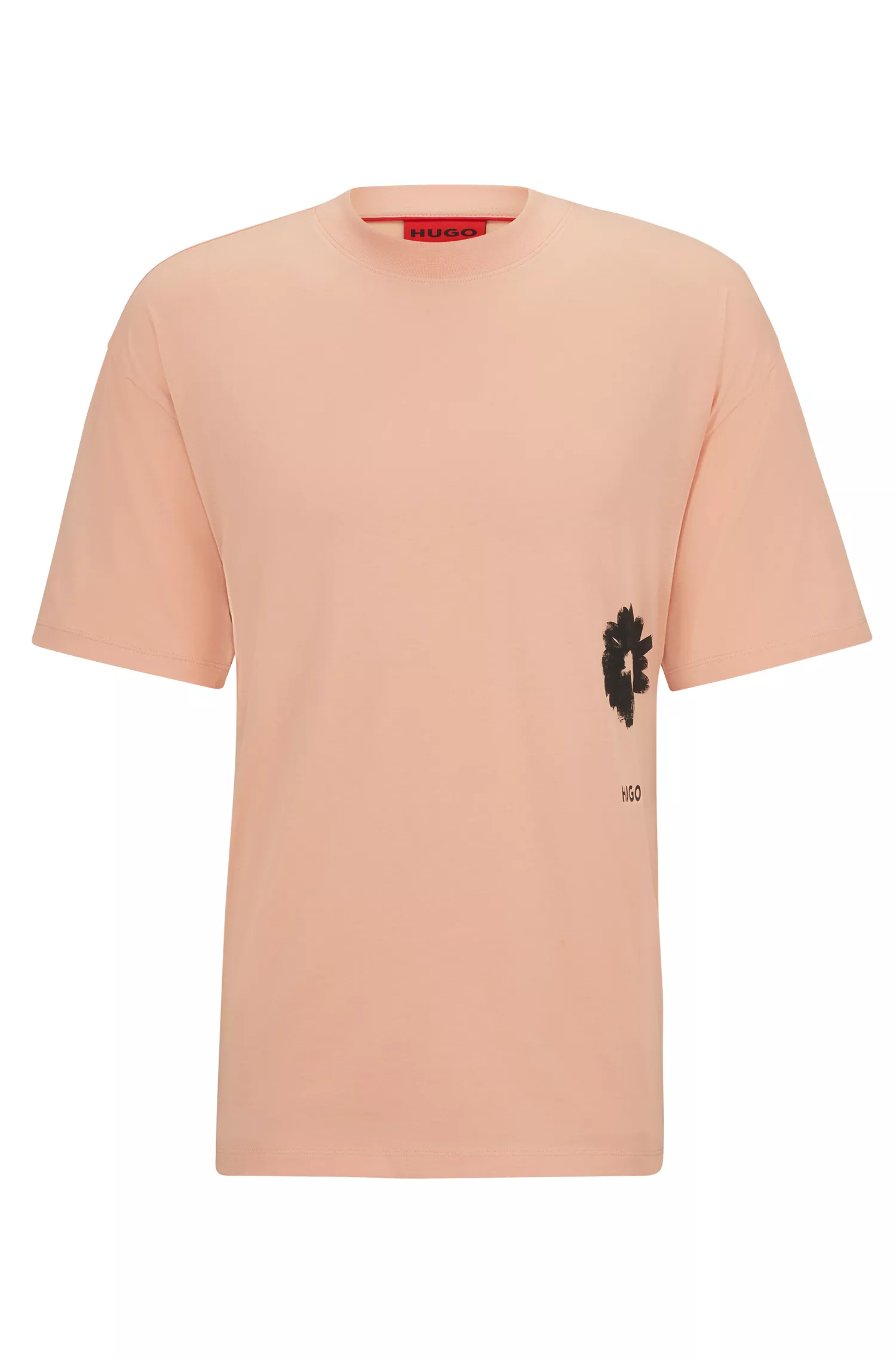 Camiseta HUGO vermelha em algodão orgânico com estampas de rabiscos.