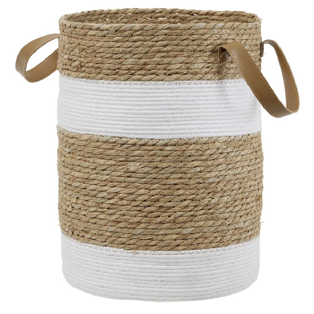 Panière ronde en jute naturel bandes blanches Ø30xH40 cm - LENA