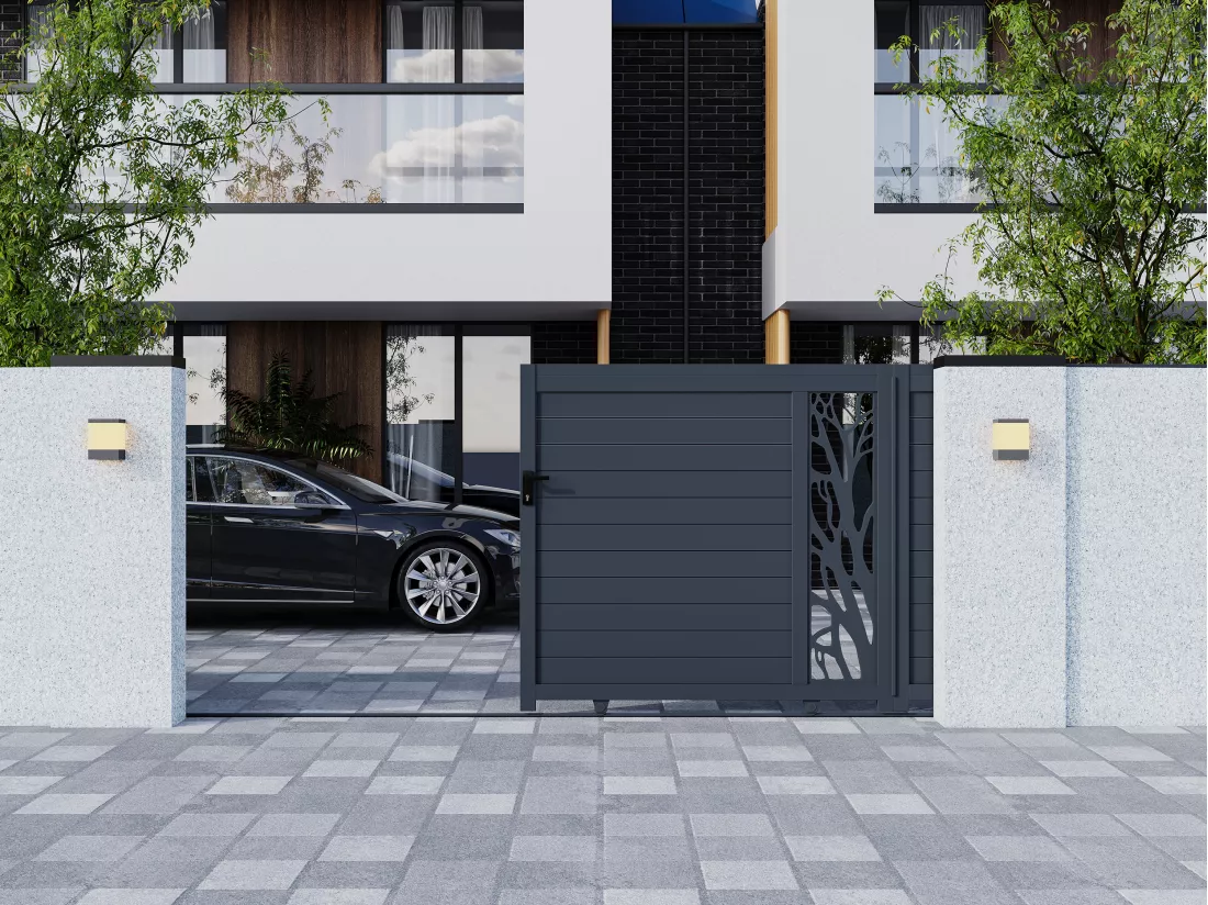 Portail électrique coulissant aluminium semi ajouré à motifs L400 x H187 cm anthracite LABRIT II