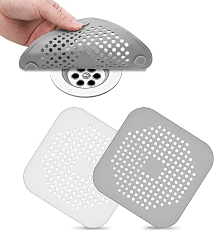 (4er Set) Silikon Abfluss Haarfänger Abflusssieb Küche Bad mit Saugnäpfen - Weiss / Grau