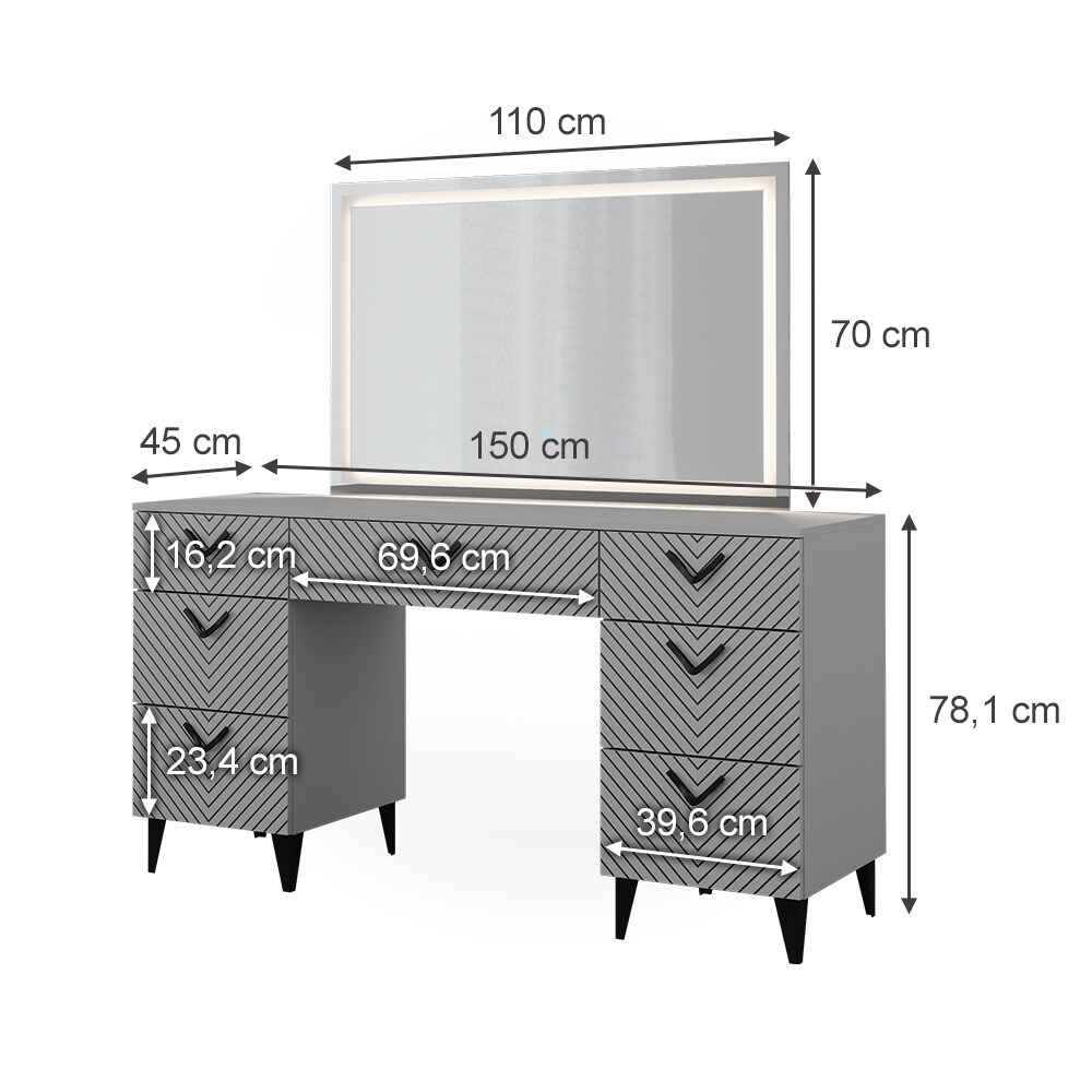 Vicco Schminktisch Anett Grau mit LED-Spiegel, 150 x 78 cm, 7 Schubladen