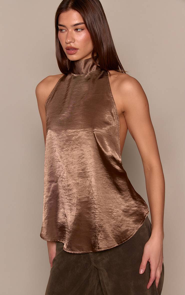 Light Brown Top Dos Ouvert Col Licou En Satin
