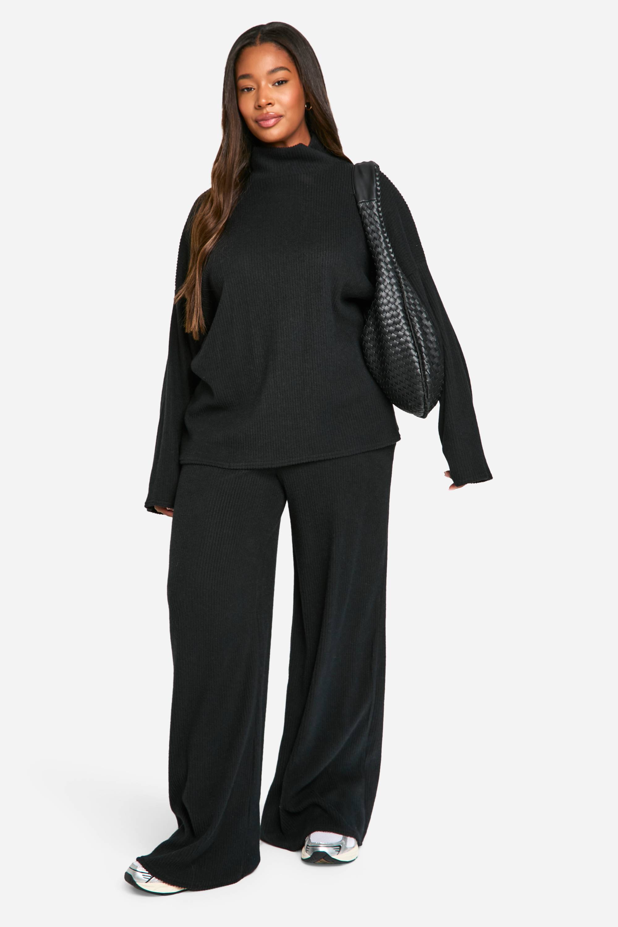 boohoo Pull décontracté en côtes douces pour grandes tailles & Pantalon à jambes larges