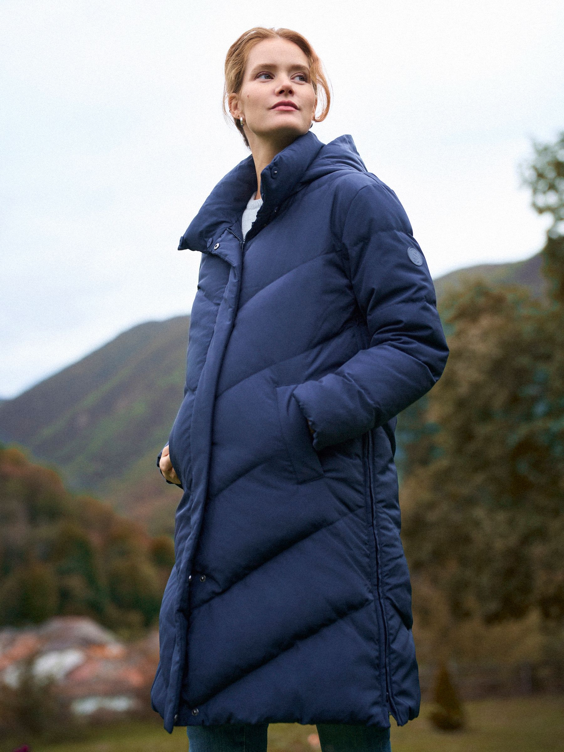 Blauw - Seraphine Lange Chevron 3 in 1 zwangerschaps- & draagjas met donsvulling