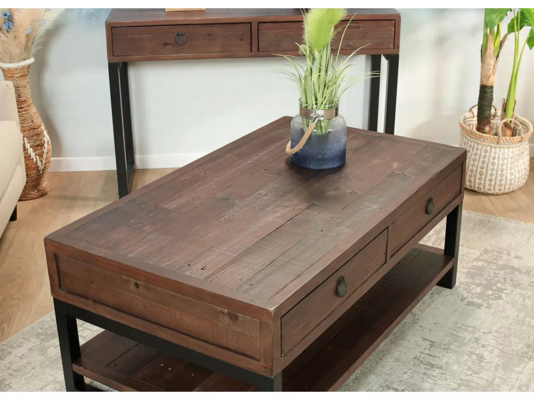 Table basse bois recyclé double plateau 2 tiroirs SAMOA