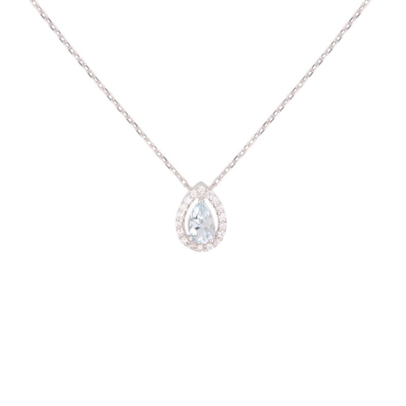 Collier Or Blanc Topaze Bleue en Goutte et Zirconiums - Femme