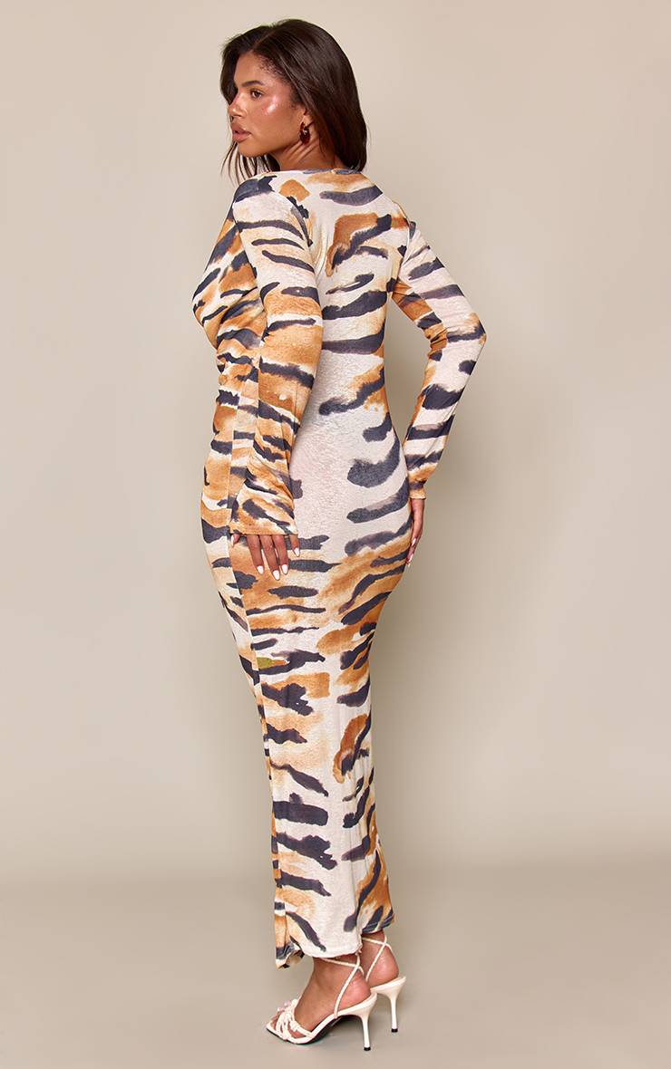 Crème Robe Midaxi Moulante À Manches Longues Avec Décolleté Cowl Plongeant Motif Floral Pelure D'oignon