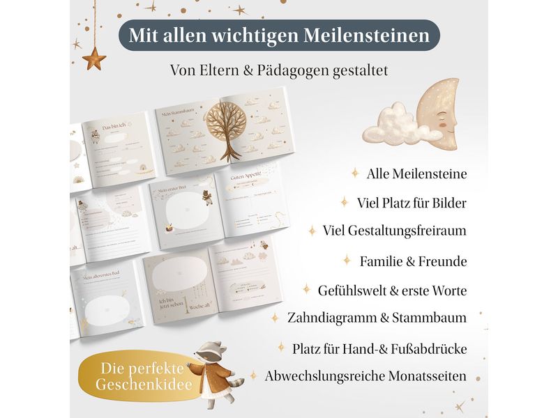 Eulentaler Babyalbum Scandi Gold Leinen, 92 Seiten Liebevoller Erinnerungsschatz fürs erste Babyjahr