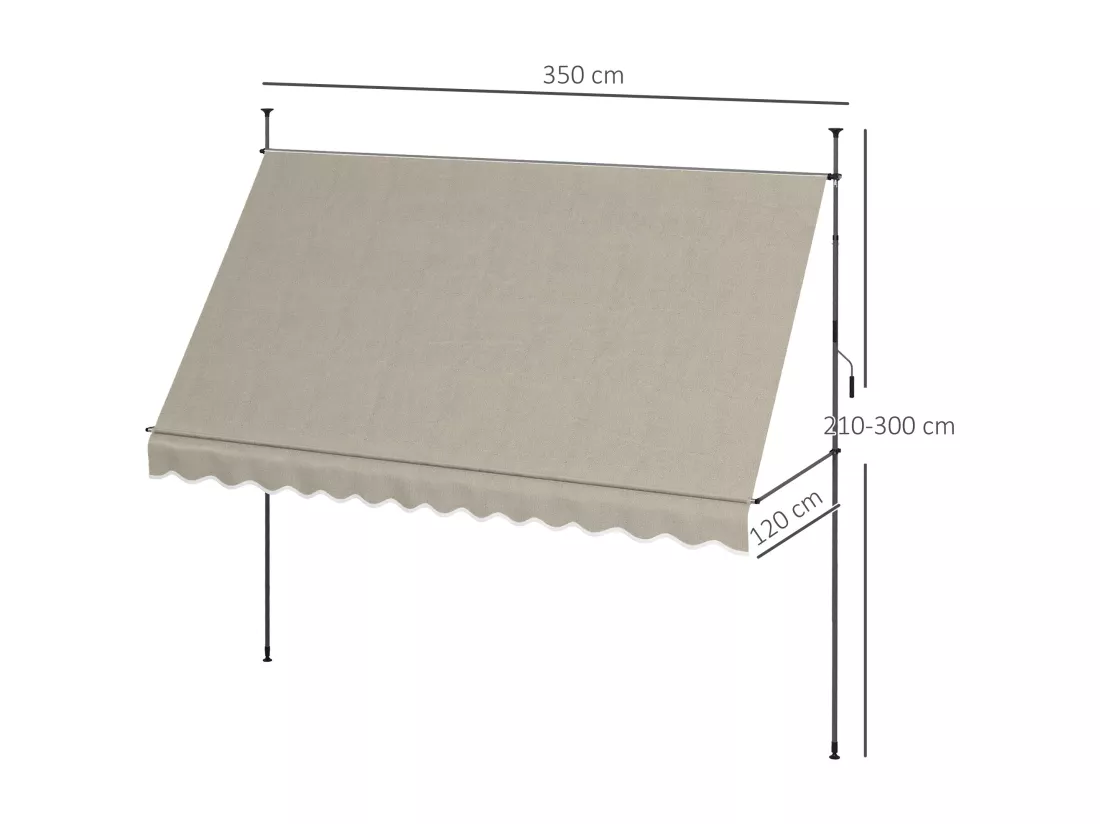 Store banne autoportant manuel rétractable 3,5L x 1,2l x 2,1-3H m inclinaison réglable métal alu polyester sable