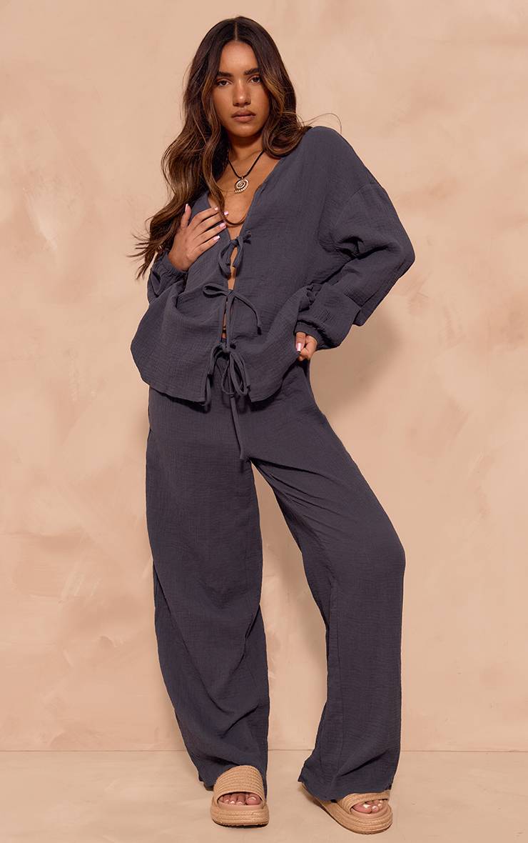 Bleu Foncé Ensemble Chemise En Gaze Texturée À Nouer Sur Le Devant