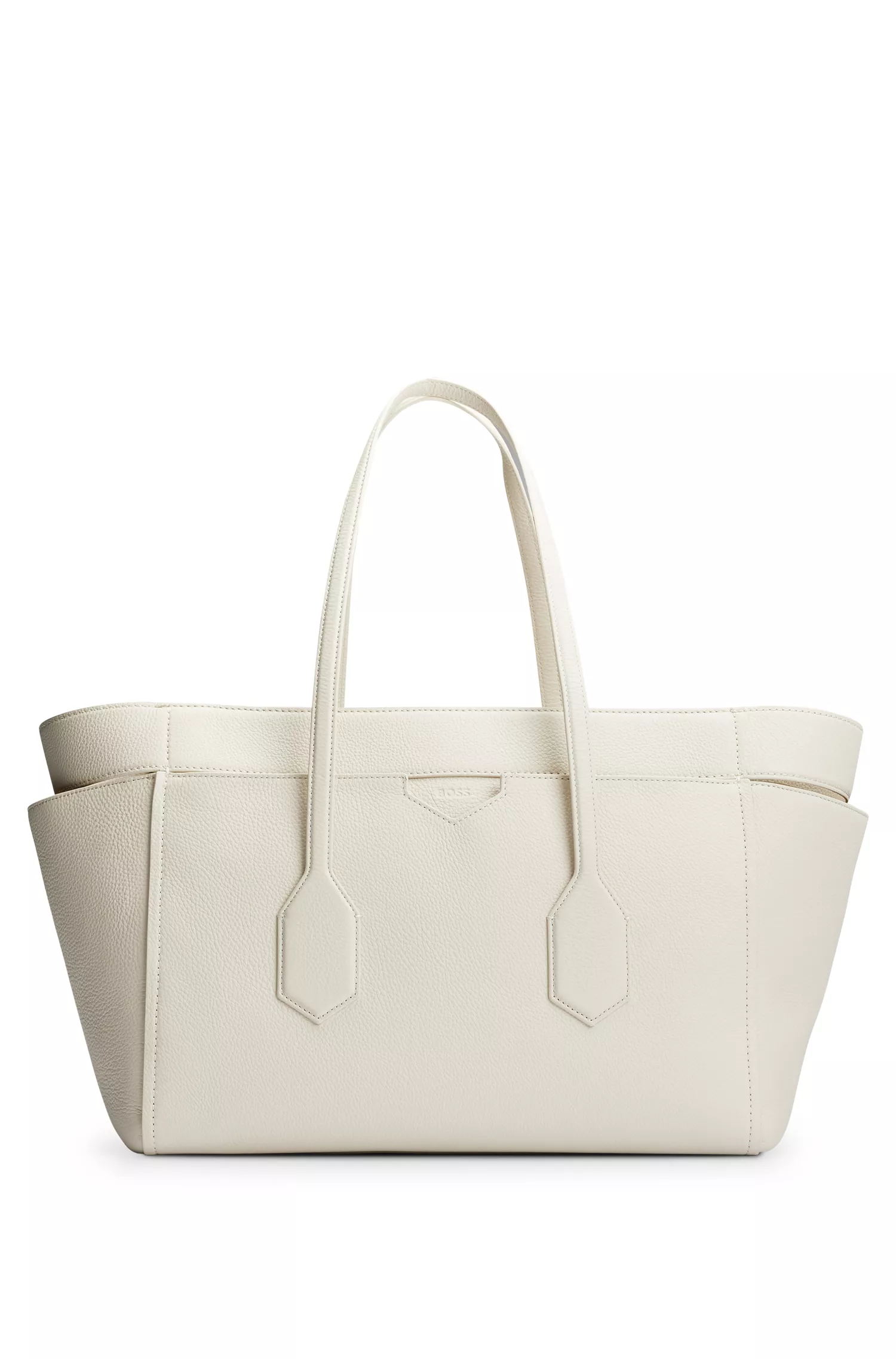 Bolsa tote preta BOSS em couro granulado com logotipo em relevo.