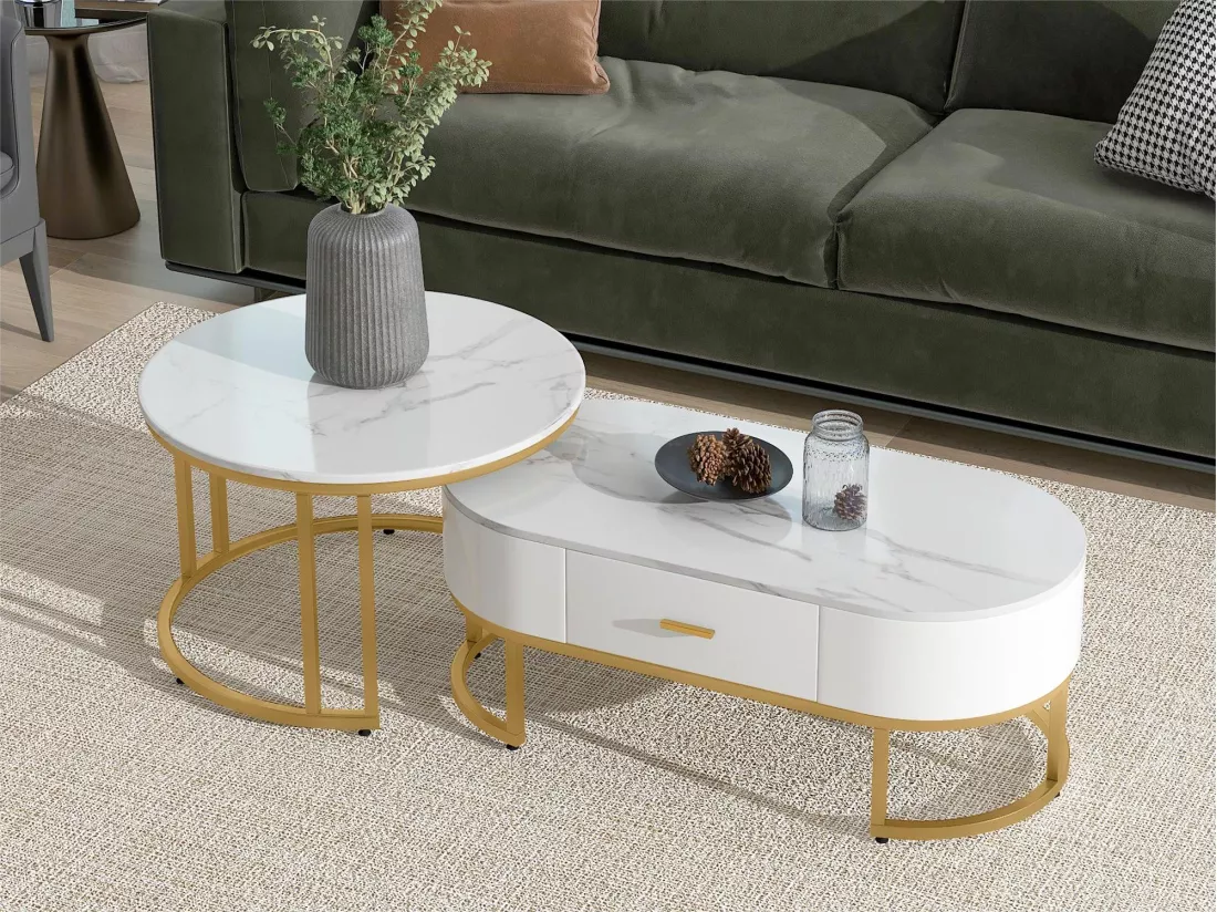 Lot de 2 tables basse gigognes avec tiroir - pièds métallique - placage marbré - blanc
