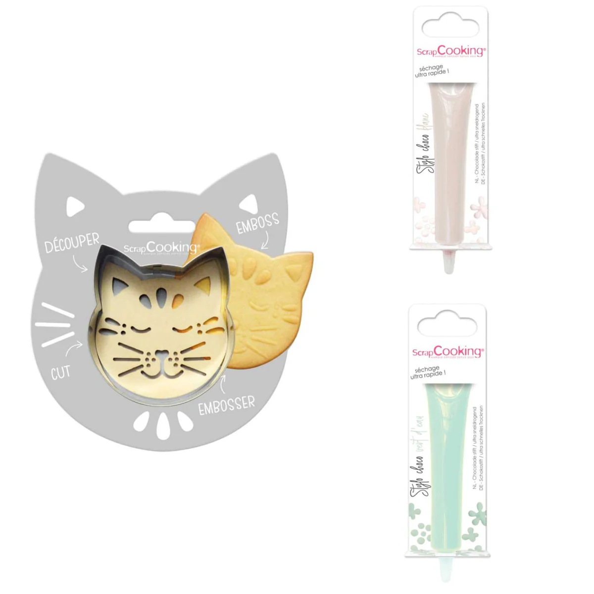 Kit pour biscuit en relief Chat + 2 Stylos au chocolat blanc et vert d