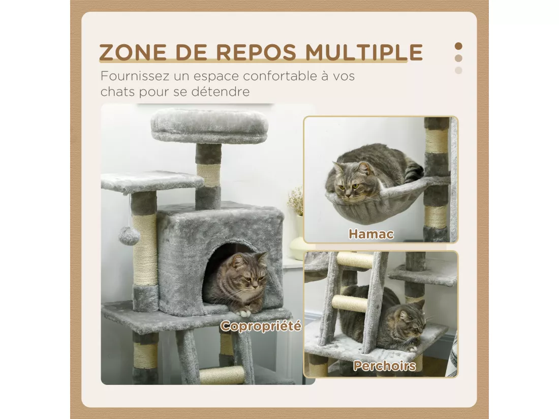 Arbre à chat multi-équipements griffoirs grattoirs niche plateformes + échelle + hamac + boule suspendue gris