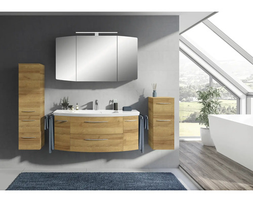 Pelipal Sunline 104 badkamermeubelset (B x H x D 181 x 200 x 50,5 cm), frontkleur: Riviera eiken, 5-delige set bestaande uit een wastafel in wit mineraalglas, een badmeubel en een spiegelkast met LED-verlichting.