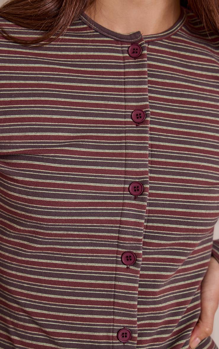 Rouge Bordeaux Haut Boutonné En Polaire Douce À Fines Rayures