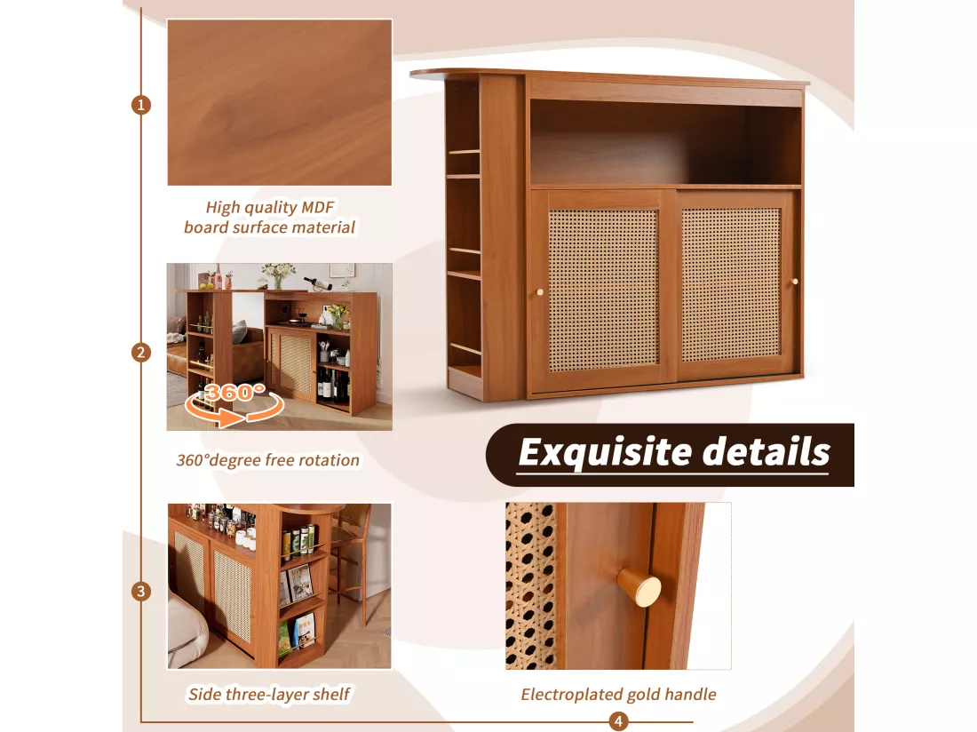 Buffet、Meuble de bar pivotant et escamotable - avec étagères réglables - charme vintage - Marron