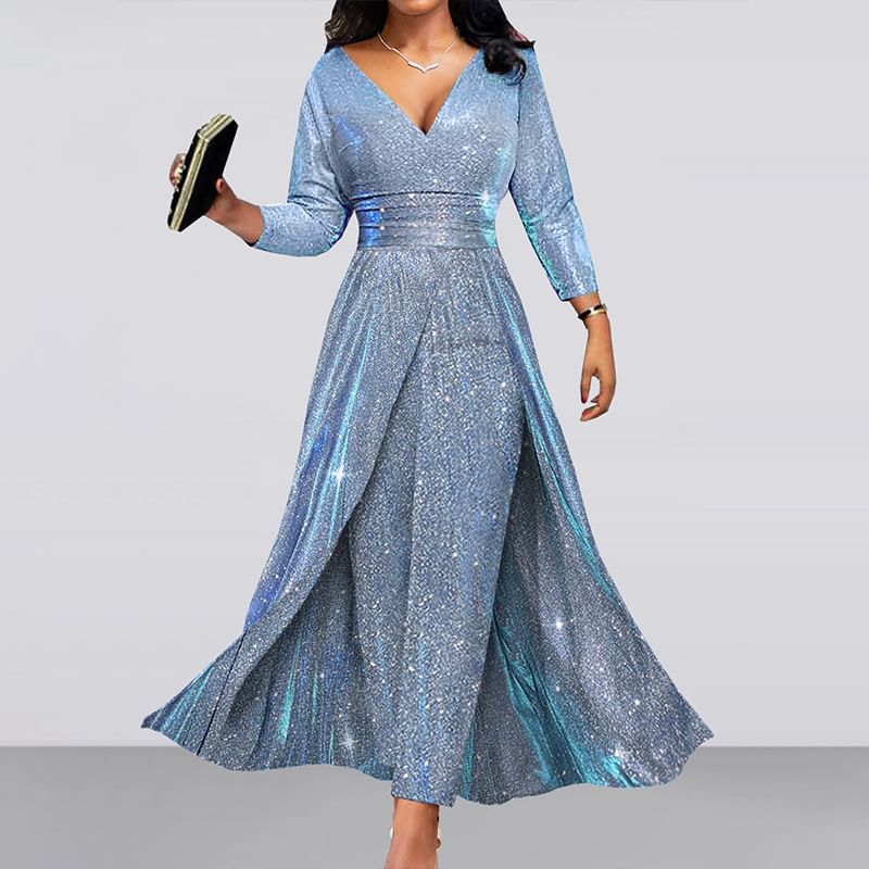 Lexama - 3/4-mouw V-hals glitter jumpsuit
