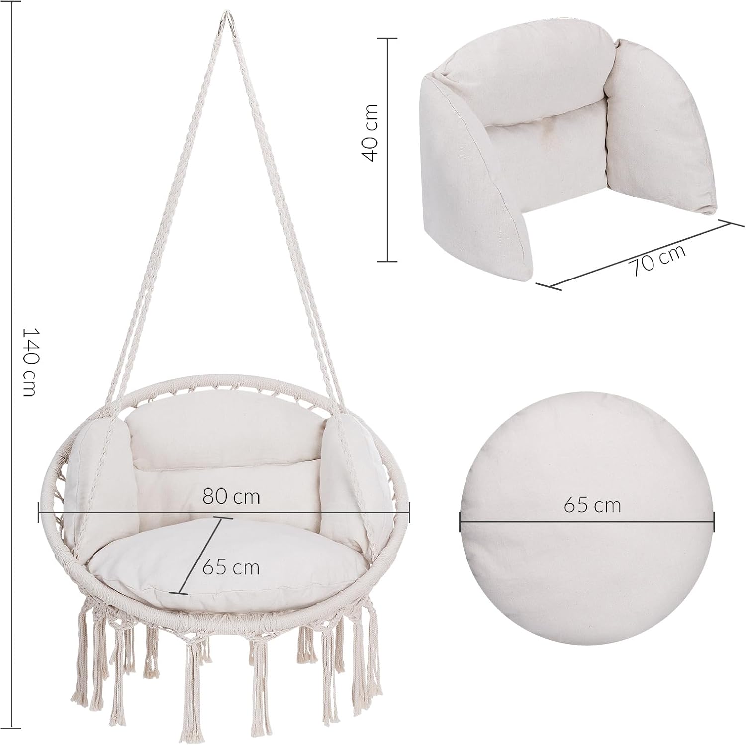 DETEX® Hängesessel bis 150kg Belastbar Boho Stil Wetterfest GS-Zertifiziert Garten 360° Drehbar Creme Hängestuhl Indoor & Outdoor inkl. bequemer Kissen