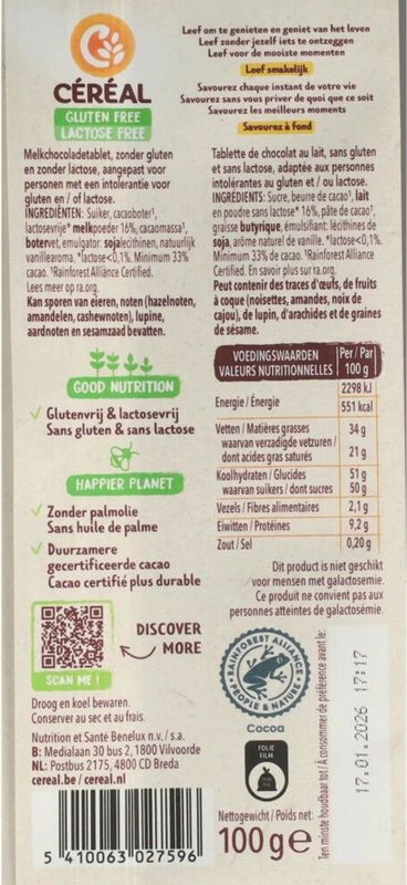 Cereal - Melkchocolade - Chocolade - 100 Gram - Glutenvrij - Lactosevrij