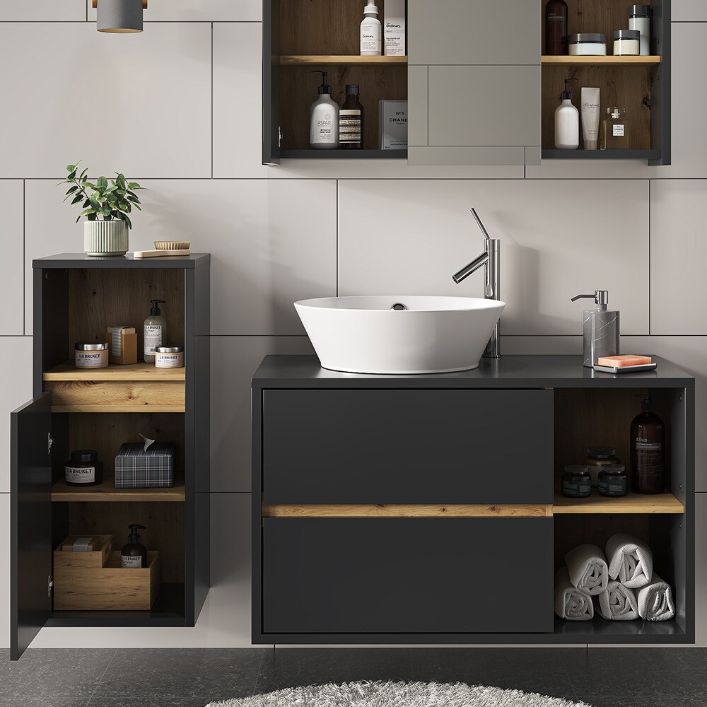 Vicco Badmöbel-Set Badezimmer-Möbel Bad-Schrank Viola Anthrazit Eiche modern Badezimmerschrank Waschtischunterschrank Spiegelschrank Midischrank Schranktür Schrankfach Ablage Aufbewahrung