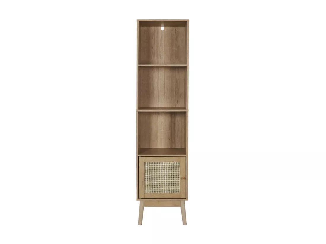 MAYA - Rangement Colonne 3 Etagères 1 Porte Effet Bois et Façades Rotin