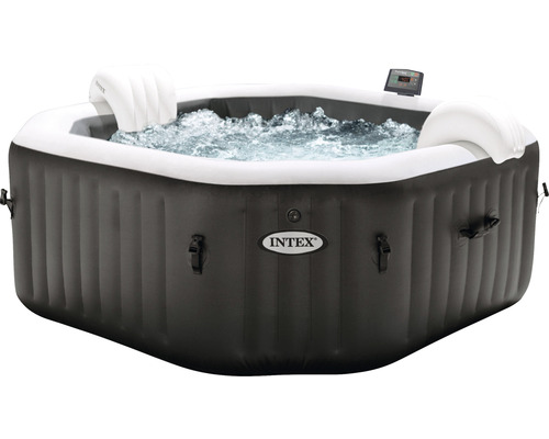 Intex Pure Spa 79 Octagon Bubble Jet 128458 opblaasbare jacuzzi voor maximaal 4 personen met geïntegreerde kalkbescherming en zoutwatersysteem, 4 krachtige jetjets, thermisch grondzeil, thermische afdekking, 2 opblaasbare hoofdsteunen, zwart