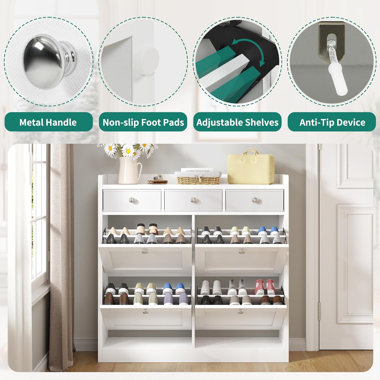 YITAHOME Schuhschrank, Schuhregal Schuhkipper Schmal, Schuhschrank Weiss mit 4 Klappen, Shoe Cabinet Schuhkommode schuhschrank mit Schublade für Eingangsbereich, Flur (Weiss)