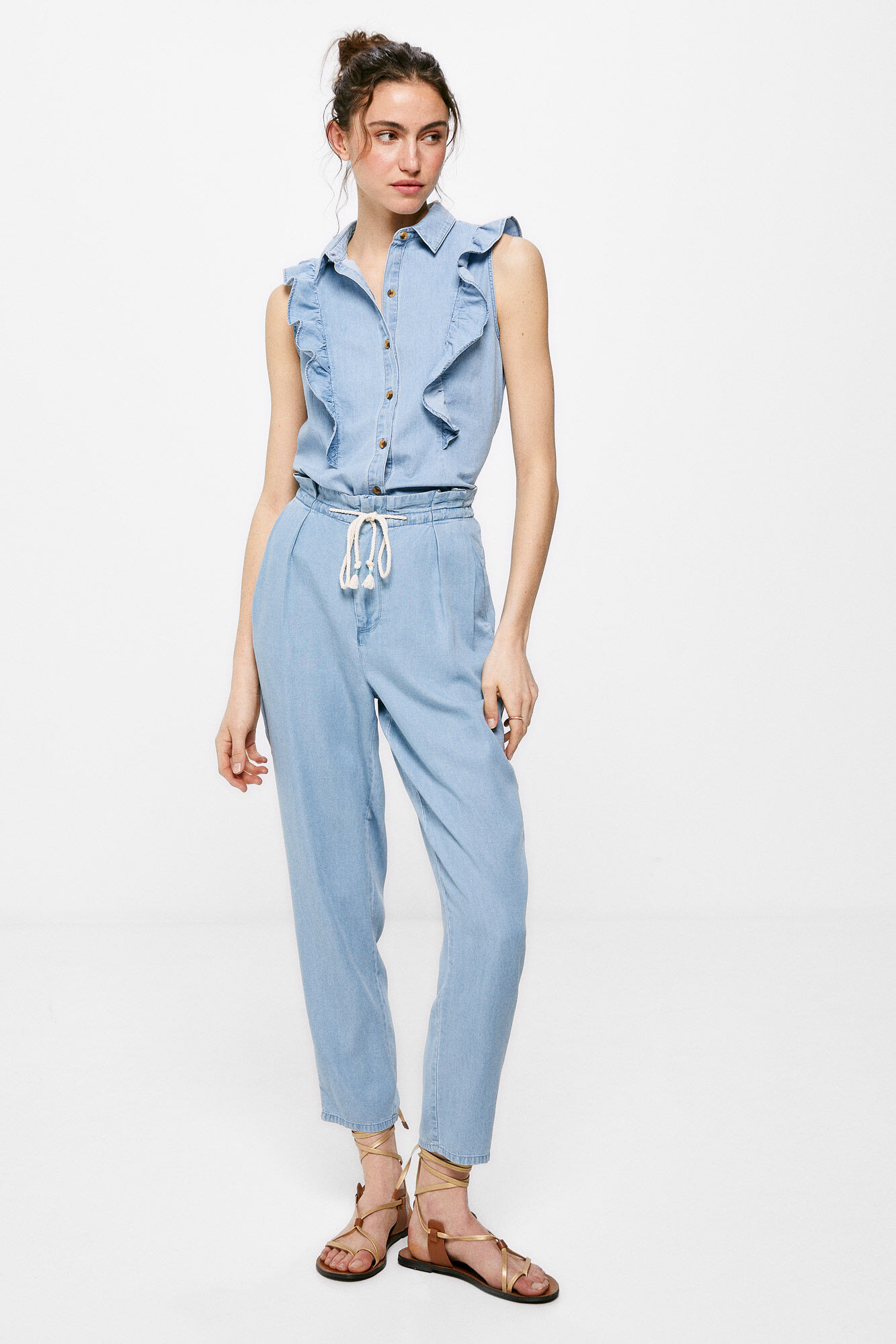 Blusa jeans com babados - Azul médio